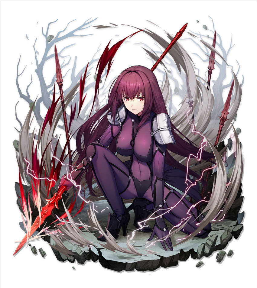 amano_misaki bodysuit breasts covered_navel fate/grand_order fate_(series) gae_bolg hair_intakes highres holding holding_weapon large_breasts leotard long_hair pauldrons polearm purple_bodysuit purple_hair purple_leotard red_eyes scathach_(fate)_(all) scathach_(fate/grand_order) shoulder_armor spear weapon