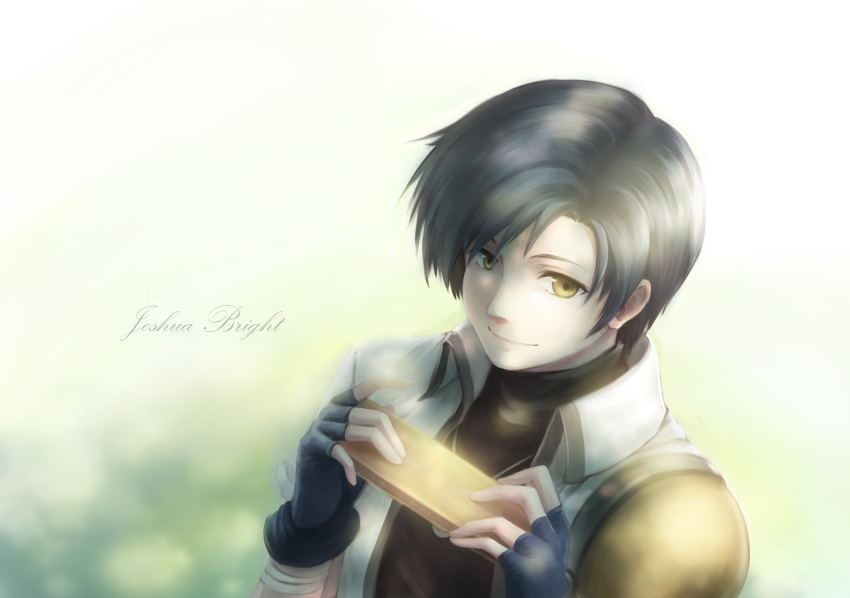 1boy black_gloves black_hair character_name closed_mouth commentary_request eiyuu_densetsu english_text fingerless_gloves gloves harmonica highres holding instrument joshua_astray looking_at_viewer male_focus shine_cheese short_hair smile solo sora_no_kiseki upper_body yellow_eyes