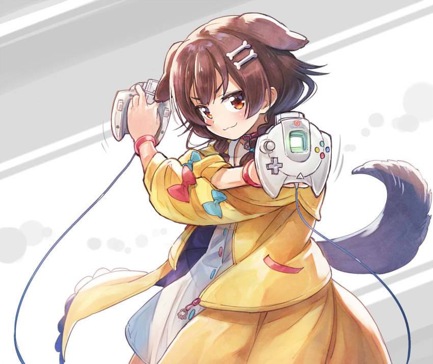 1girl animal_ears blush bone_hair_ornament braid brown_eyes brown_hair commentary_request controller dog_ears dog_girl dog_tail dress eyebrows_visible_through_hair game_console game_controller hair_between_eyes highres holding hololive inugami_korone jacket looking_at_viewer open_clothes open_jacket sakino_shingetsu sega_dreamcast smug solo tail twin_braids v-shaped_eyebrows virtual_youtuber white_dress yellow_jacket