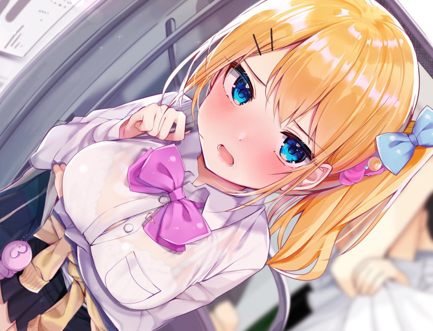 1girl absurdres arm_under_breasts bag blonde_hair blue_eyes blurry blurry_background blush bow bowtie bra breast_hold breasts cardigan_around_waist depth_of_field fisheye hair_bow hair_ornament hairclip highres large_breasts looking_at_viewer non-web_source original pleated_skirt rouka_(akatyann) school_bag school_uniform see-through shoulder_bag side_ponytail skirt solo_focus train_interior underwear white_bra