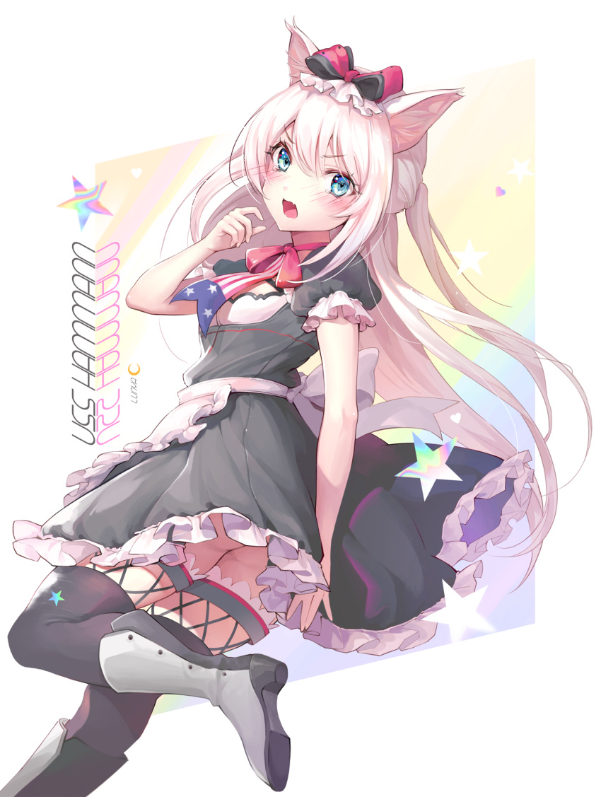 1girl american_flag american_flag_print animal_ears apron ass azur_lane bangs black_dress black_legwear blue_eyes boots bow cat_ears character_name dress eyebrows_visible_through_hair fishnet_legwear fishnets flag_print frown hair_bow hammann_(azur_lane) highres long_hair looking_at_viewer looking_back luna_nyann open_mouth puffy_short_sleeves puffy_sleeves short_sleeves silver_hair solo tearing_up tears thigh-highs very_long_hair waist_apron wind wind_lift