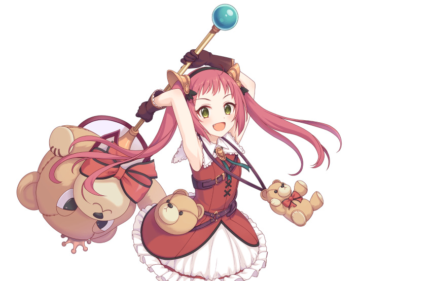 1girl ayane_(princess_connect!) black_gloves dress gloves green_eyes holding holding_weapon long_hair official_art princess_connect! redhead skirt stuffed_animal stuffed_toy teddy_bear transparent_background twintails weapon white_skirt