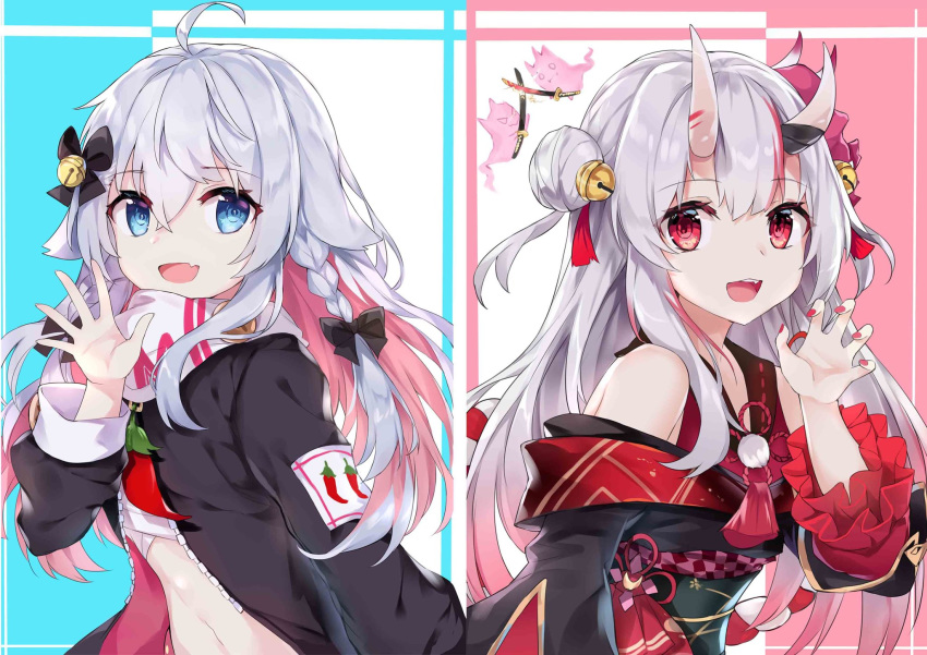 2girls ahoge fang fingernails hair_between_eyes hair_bun hair_ornament hair_ribbon highres hololive horns jacket japanese_clothes kagura_nana looking_at_viewer multiple_girls nakiri_ayame nanakagu_karatou_ch oni_horns open_mouth red_eyes ribbon silver_hair virtual_youtuber waving wawazi