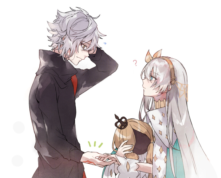 1boy 1girl ? anastasia_(fate/grand_order) black_jacket blue_eyes cape closed_mouth command_spell embarrassed eye_contact fate/grand_order fate_(series) flying_sweatdrops green_cape grey_hair hair_between_eyes height_difference holding holding_hands jacket kadoc_zemlupus long_hair looking_at_another simple_background viy waltz_(tram) white_background