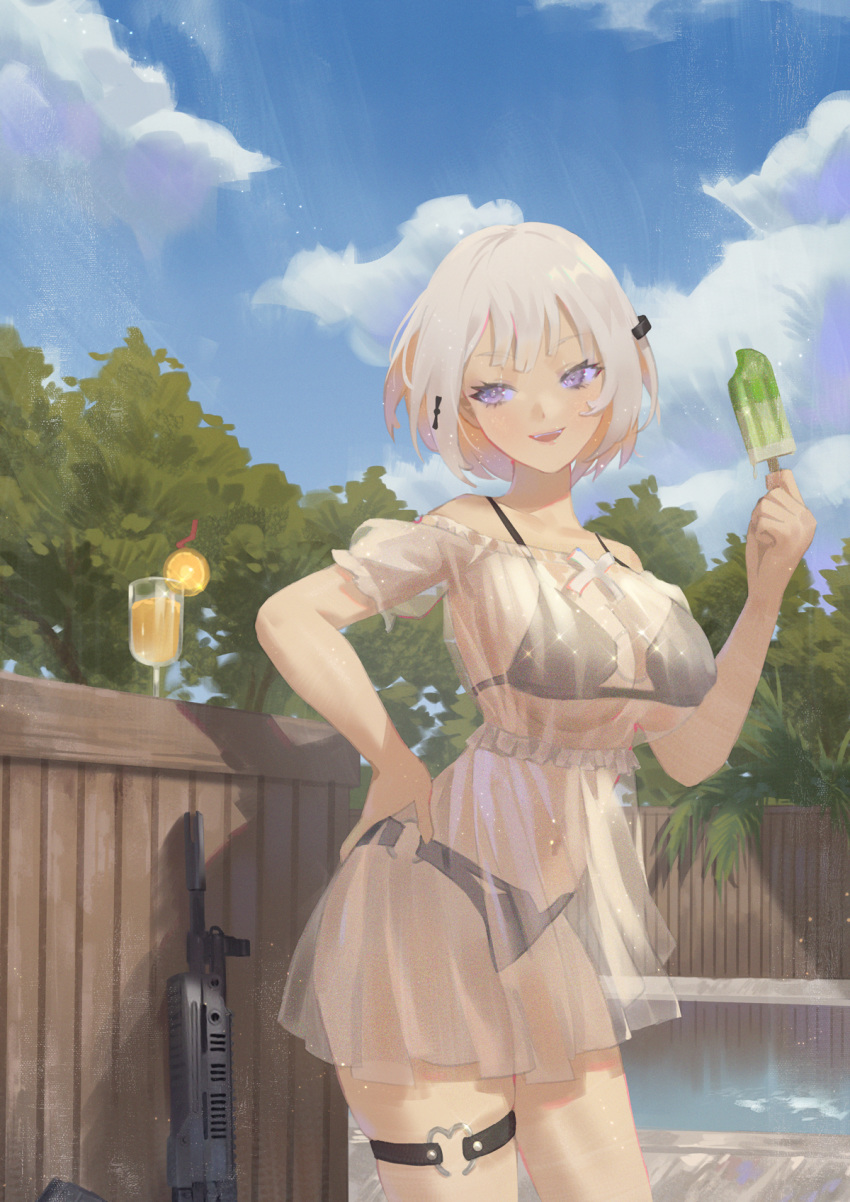 1girl :d bikini black_bikini blue_sky cirilla clouds cup drinking_glass drinking_straw fence food girls_frontline hand_on_hip highres looking_to_the_side o-ring o-ring_bottom open_mouth outdoors pale_skin pool popsicle rpk-16 rpk-16_(girls_frontline) see-through short_hair silver_hair sky smile standing swimsuit thigh_strap thighs tree violet_eyes water