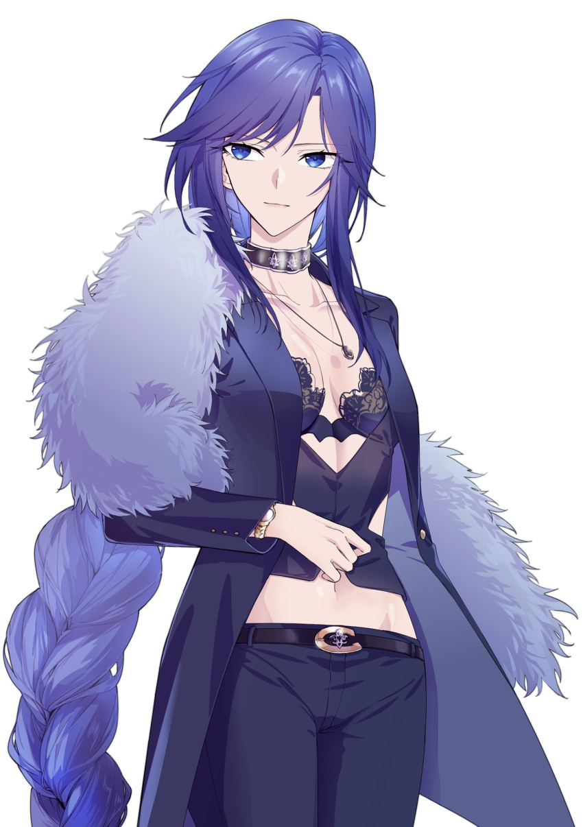 1girl absurdly_long_hair azur_lane bangs belt belt_buckle biloxi_(azur_lane) biloxi_(empress_in_the_silk_seat)_(azur_lane) black_suit blue_eyes blue_hair bra bra_peek braid braided_ponytail breasts buckle choker cowboy_shot highres jewelry lace lace_bra long_hair necklace no_shirt parted_bangs small_breasts solo standing suit_jacket suprii underwear very_long_hair watch watch white_background