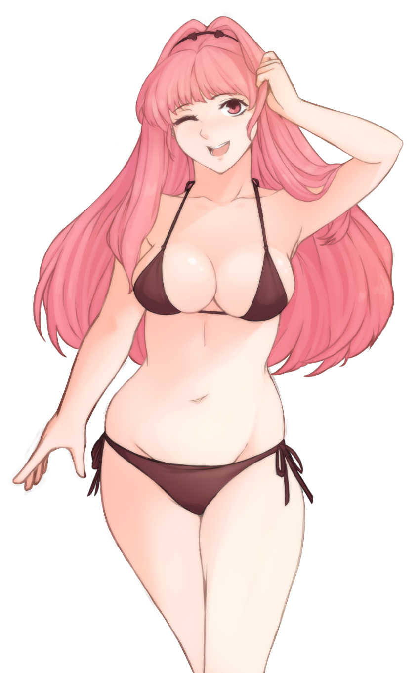 1girl absurdres bangs bikini breasts fire_emblem fire_emblem:_three_houses fire_emblem_heroes hair_down highres hilda_valentine_goneril long_hair one_eye_closed open_mouth pink_eyes pink_hair side-tie_bikini simple_background smile solo swimsuit tridisart white_background