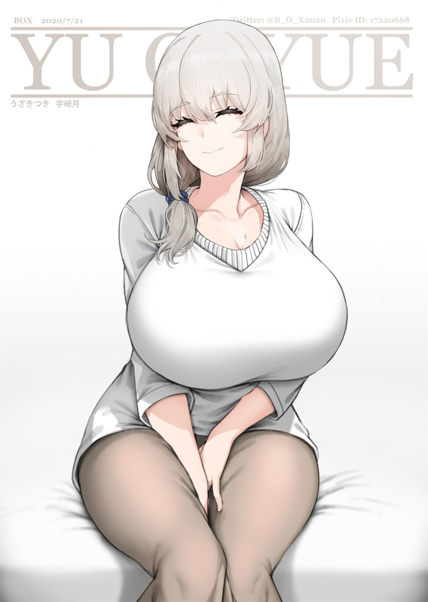 1girl bangs bed beige_pants between_legs breasts closed_eyes closed_mouth collarbone commentary_request eyebrows_visible_through_hair hair_over_shoulder hand_between_legs highres huge_breasts low_tied_hair mature silver_hair sitting smile sweater uzaki-chan_wa_asobitai! uzaki_tsuki white_sweater xiangzi_box