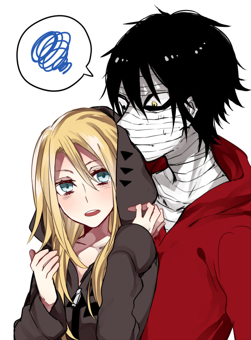 1boy 1girl ariilha12 bandage_on_face bangs black_hair blonde_hair blue_eyes blush borrowed_garments brown_cardigan cardigan collarbone couple hair_between_eyes highres hood hood_down hood_up hooded_cardigan hooded_sweater isaac_foster open_mouth rachel_gardner red_sweater satsuriku_no_tenshi shiny shiny_hair simple_background speech_bubble sweatdrop sweater upper_body white_background yellow_eyes