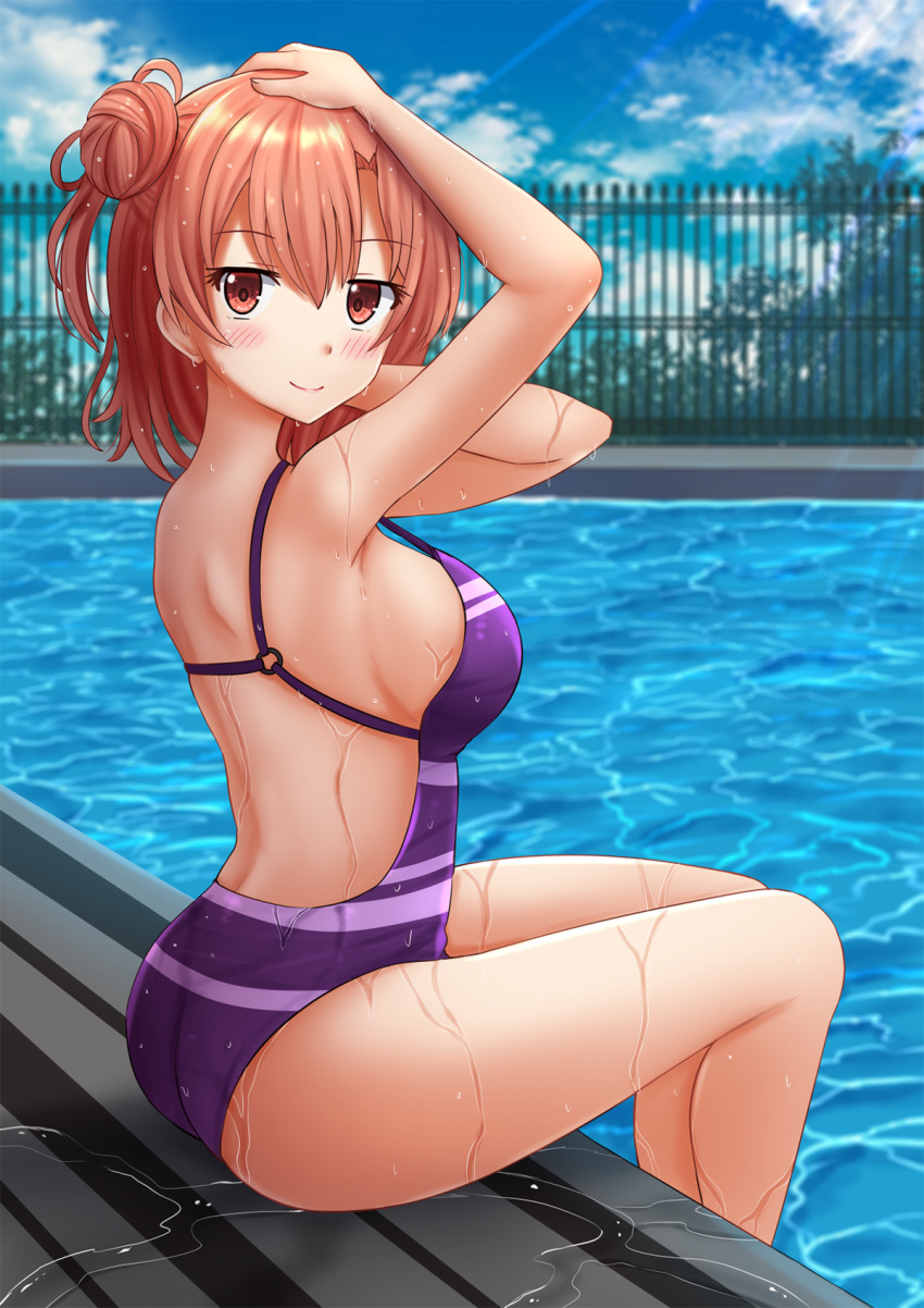 1girl arm_up ass bangs bare_legs blush breasts casual_one-piece_swimsuit closed_mouth day eyebrows_visible_through_hair fence from_side hair_bun hands_on_own_head highres kazenokaze large_breasts light_rays looking_at_viewer looking_to_the_side o-ring o-ring_swimsuit one-piece_swimsuit outdoors pool poolside purple_swimsuit red_eyes redhead short_hair side_bun sideboob smile soaking_feet solo strap_gap sunbeam sunlight swimsuit thighs water yahari_ore_no_seishun_lovecome_wa_machigatteiru. yuigahama_yui
