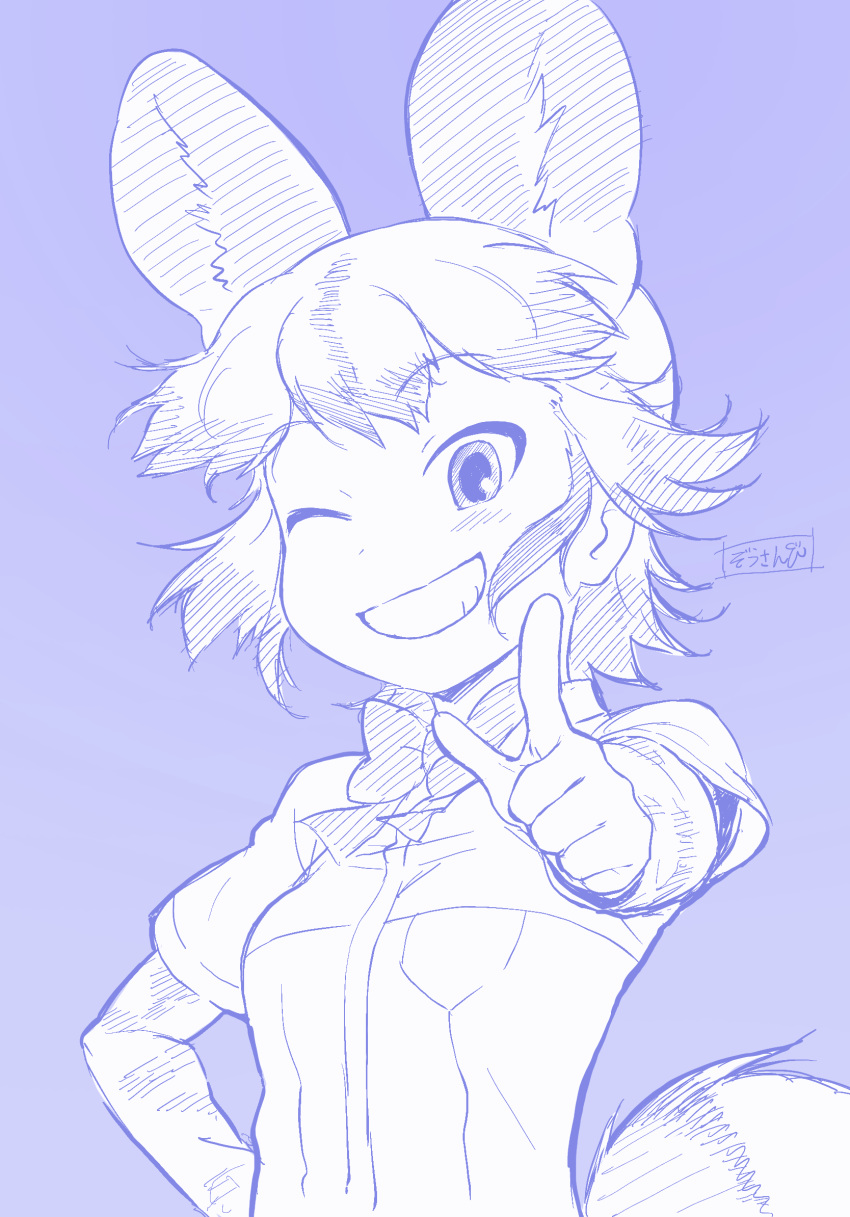 1girl ;) african_wild_dog_(kemono_friends) african_wild_dog_print animal_ears animal_print bow bowtie breast_pocket dog_ears dog_tail extra_ears eyebrows_visible_through_hair floating_hair grin hand_on_hip hand_up highres kemono_friends long_sleeves looking_at_viewer masuyama_ryou one_eye_closed outstretched_arm pocket pointing pointing_at_viewer print_sleeves shirt short_hair short_over_long_sleeves short_sleeves sidelocks smile solo tail upper_body