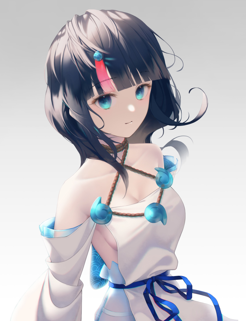 1girl absurdres anje_(awww2555) bangs bare_shoulders black_hair blue_eyes blue_ribbon blush breasts collarbone dress fate/grand_order fate/requiem fate_(series) highres jewelry long_sleeves looking_at_viewer magatama magatama_hair_ornament medium_breasts medium_hair multicolored_hair necklace pelvic_curtain pink_hair puffy_long_sleeves puffy_sleeves ribbon sideboob sideless_outfit smile streaked_hair utsumi_erise white_dress