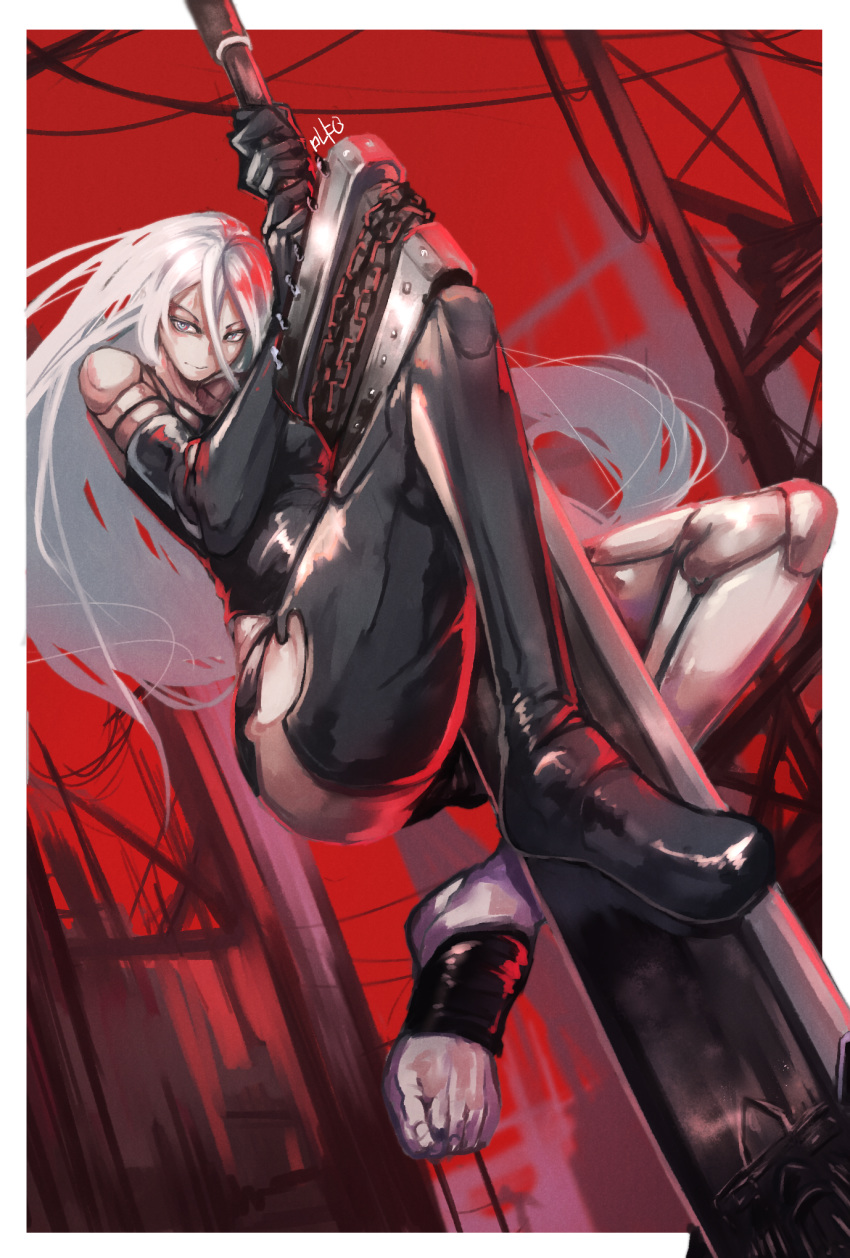 1girl android bare_shoulders black_gloves black_legwear blue_eyes breasts elbow_gloves gloves highres huge_weapon joints larribee long_hair looking_at_viewer medium_breasts mole mole_under_mouth nier_(series) nier_automata red_background robot_joints shorts silver_hair solo sword thigh-highs weapon yorha_type_a_no._2