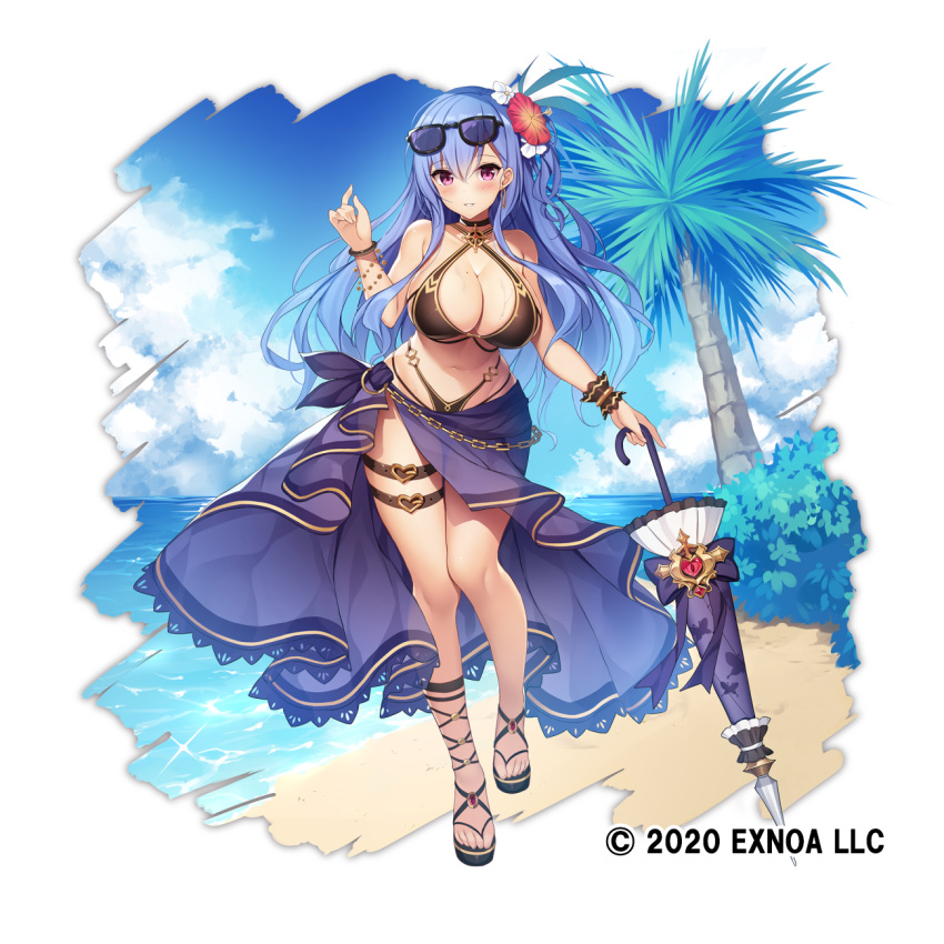 1girl beach belt bikini blush bracelet breasts bush closed_umbrella dot_nose earrings exe_(xe) flower hair_flower hair_ornament hand_up highres holding holding_umbrella jewelry large_breasts leg_belt long_hair looking_at_viewer mole mole_on_breast ocean official_art original palm_tree pink_eyes purple_hair red_flower sandals sarong smile solo standing swimsuit tree umbrella watermark wristband