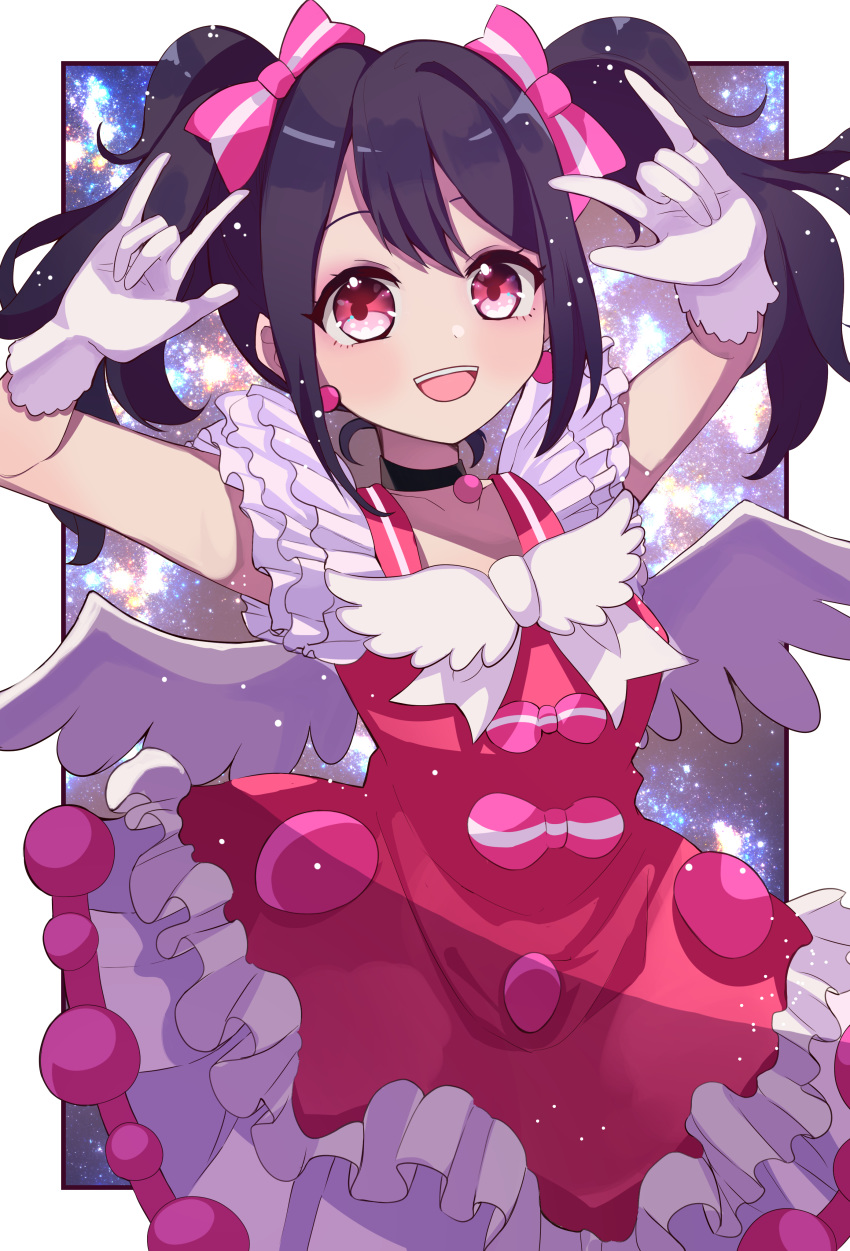 1girl absurdres black_choker black_hair choker dress gloves highres love_live! love_live!_school_idol_project nagisa_iori nico_nico_nii open_mouth red_dress red_eyes smile solo twintails white_gloves wings yazawa_nico