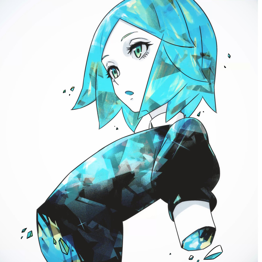 1other absurdres aqua_eyes aqua_hair bangs black_shirt collar highres houseki_no_kuni mushiki_k open_mouth parted_bangs phosphophyllite shirt short_hair simple_background white_background white_collar