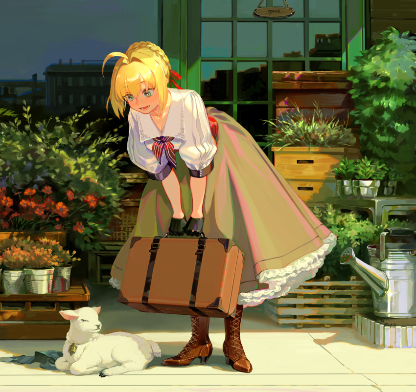 1girl ahoge alternate_costume bangs bell bell_collar blonde_hair blush boots braid braided_bun brown_footwear brown_skirt collar cross-laced_footwear fate/extra fate/grand_order fate_(series) flower flower_shop frilled_skirt frills green_eyes hair_bun hair_intakes high_heel_boots high_heels lace-up_boots lamb leaning_forward long_hair long_skirt looking_down neckerchief nero_claudius_(fate) nero_claudius_(fate)_(all) open_mouth outdoors plant potted_plant puffy_sleeves red_ribbon reflection ribbon shirt shop skirt smile solo standing suitcase sunlight taro-k watering_can white_shirt wide_shot wing_collar