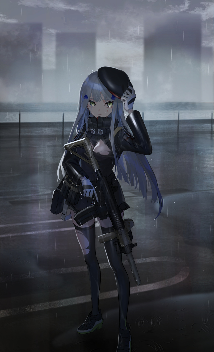 1girl absurdres assault_rifle bangs beret black_legwear blunt_bangs breasts cityscape clouds cloudy_sky facial_mark full_body girls_frontline gloves green_eyes gun h&amp;k_hk416 haizome_senri hat highres hk416_(girls_frontline) holding holding_weapon long_hair long_sleeves medium_breasts military_jacket outdoors plaid plaid_skirt rain rifle silver_hair skirt sky solo standing thigh-highs torn_clothes torn_jacket torn_legwear weapon white_gloves