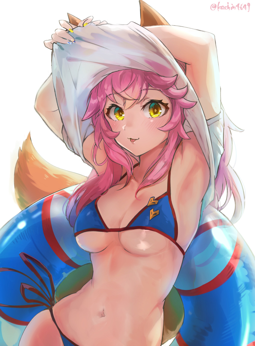 1girl :3 :p absurdres animal_ears armpits arms_up bikini blue_bikini breasts closed_mouth fate/grand_order fate_(series) fox_ears fox_girl fox_tail highres innertube kachin lifted_by_self long_hair looking_at_viewer medium_breasts multicolored multicolored_nails nail_polish navel pink_hair red_ribbon ribbon shirt_lift short_sleeves side-tie_bikini simple_background smile solo stomach swimsuit tail tamamo_(fate)_(all) tamamo_no_mae_(fate) tongue tongue_out twitter_username under_boob undressing upper_body white_background yellow_eyes