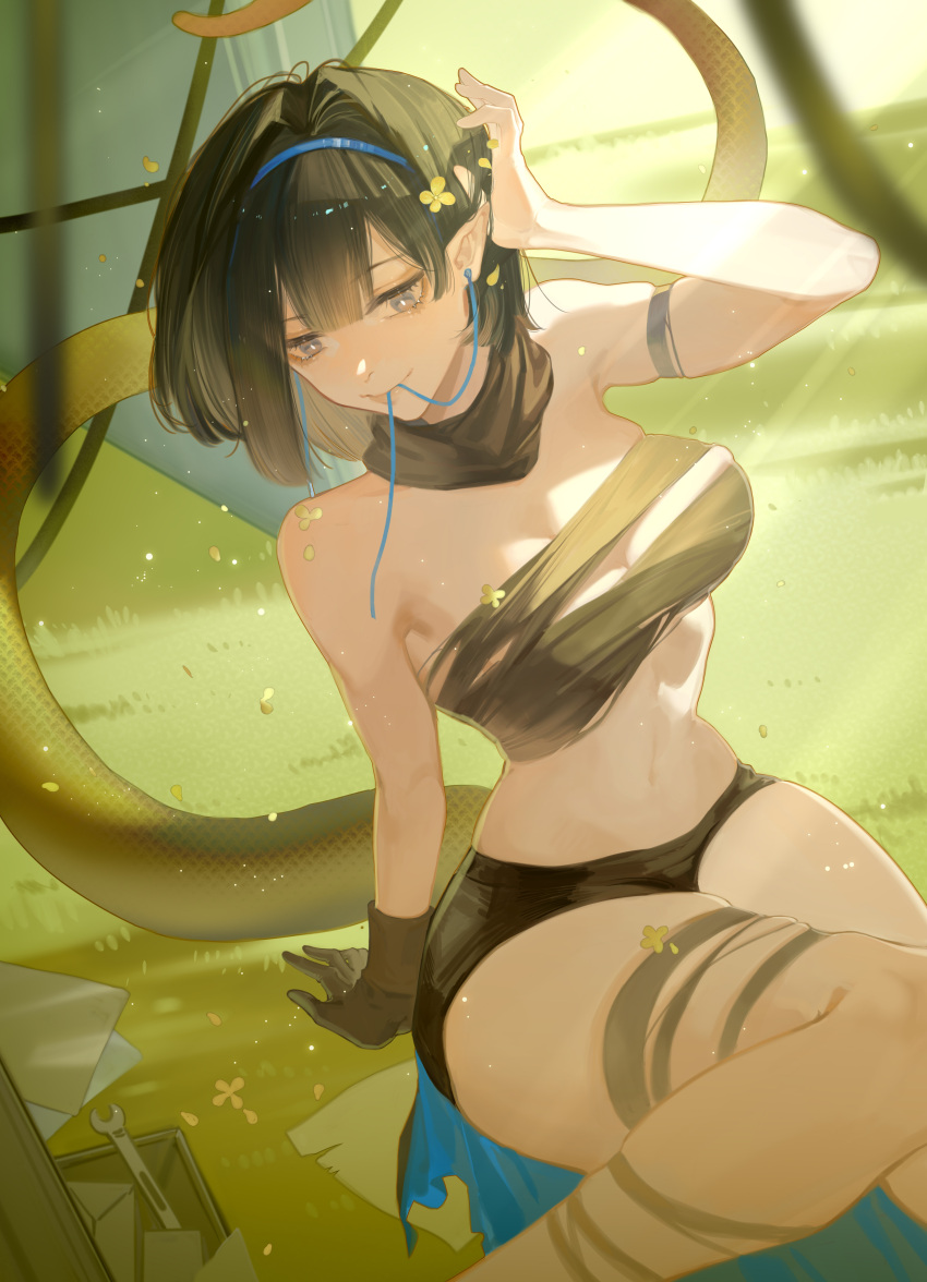 1girl absurdres arknights arm_strap arm_support bandeau bangs bare_arms bare_shoulders black_gloves black_hair black_scarf black_shorts blue_eyes blue_hairband breasts chongyou_pomelo commentary_request eunectes_(arknights) gloves hairband hand_up highres large_breasts micro_shorts midriff navel sarashi scarf short_hair shorts single_glove sitting smile snake_tail solo stomach strapless tail thighs tubetop