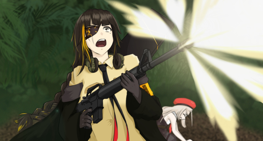 2girls aratilys assault_rifle beret eyepatch firing girls_frontline gloves gun hat headphones m16 m16a1_(girls_frontline) mp5_(girls_frontline) multiple_girls necktie parody predator_(movie) rifle shouting weapon weapon_connection