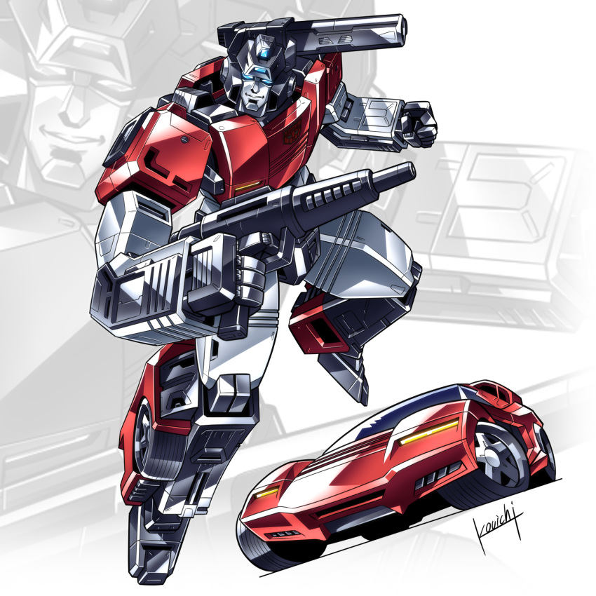 1boy autobot blue_eyes car clenched_hand ground_vehicle gun highres holding holding_gun holding_weapon kouichi_(kouichi-129) looking_at_viewer mecha motor_vehicle multiple_views no_humans sideswipe transformers transformers:_war_for_cybertron weapon zoom_layer