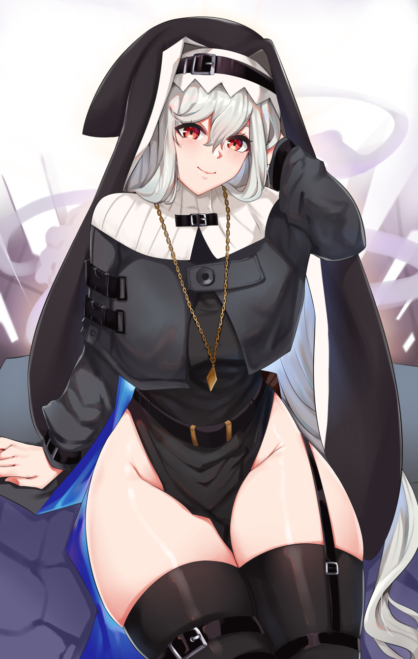 1girl absurdres arknights bangs black_footwear black_headwear black_legwear black_nails blush breasts capelet coat covering_one_eye cromwellb garter_straps grey_capelet grey_coat grey_hair habit hair_between_eyes hand_behind_head hand_up highres jewelry long_hair looking_at_viewer medium_breasts nail_polish necklace nun off_shoulder open_clothes open_coat pelvic_curtain red_eyes smile specter_(arknights) thick_thighs thigh-highs thighs turtleneck