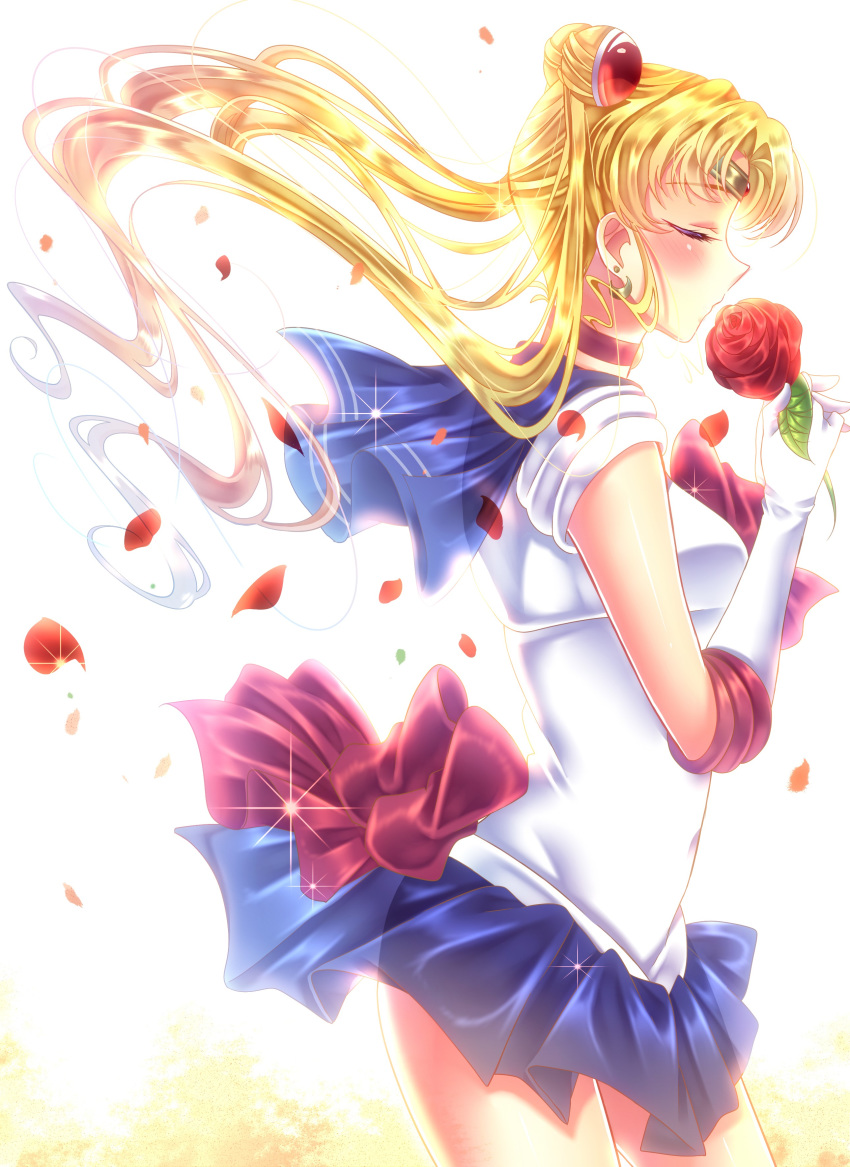 1girl absurdres back_bow bishoujo_senshi_sailor_moon blonde_hair blue_sailor_collar blue_skirt blush bow choker circlet closed_eyes collared_shirt cowboy_shot double_bun floating_hair flower from_side hair_intakes highres holding holding_flower long_hair miniskirt petals pleated_skirt profile purple_choker red_bow red_flower red_rose rose sailor_collar sailor_moon sailor_senshi_uniform sailor_shirt see-through shiny shiny_hair shirt simple_background skirt sleeveless sleeveless_shirt solo standing touki_matsuri very_long_hair white_background white_shirt