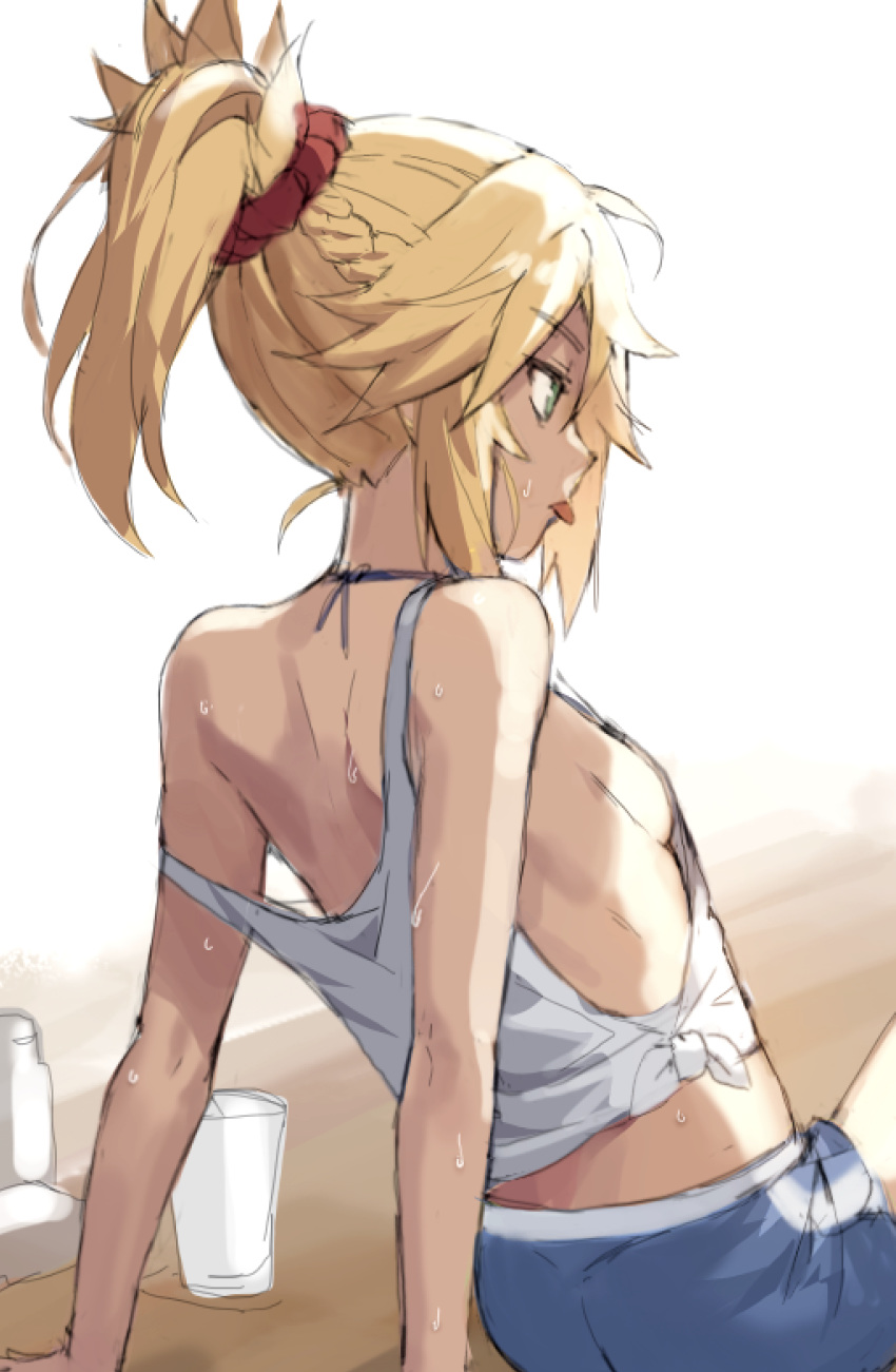 1girl ass back bangs bare_shoulders blonde_eyebrows blue_shorts braid breasts closed_mouth cup fate/apocrypha fate_(series) female_only french_braid green_eyes hair_ornament hair_scrunchie highres long_hair mordred_(fate) mordred_(fate)_(all) no_bra parted_bangs ponytail red_scrunchie scrunchie shirt shorts sideboob sidelocks simple_background sitting small_breasts tank_top tied_shirt tonee white_background white_shirt