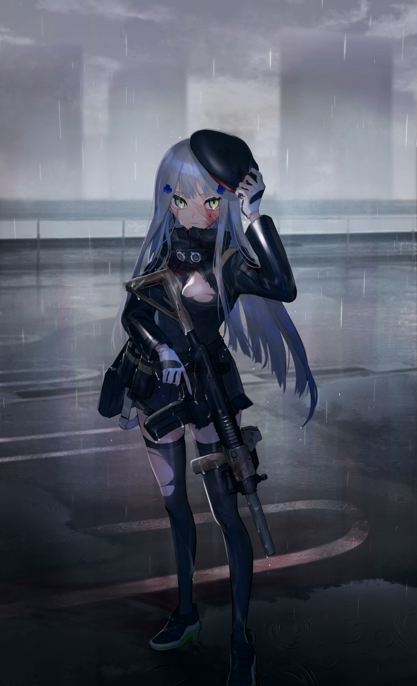 1girl absurdres assault_rifle bangs beret black_legwear blood blood_on_face blunt_bangs breasts cityscape clouds cloudy_sky facial_mark full_body girls_frontline gloves green_eyes gun h&amp;k_hk416 haizome_senri hat highres hk416_(girls_frontline) holding holding_weapon long_hair long_sleeves medium_breasts military_jacket outdoors plaid plaid_skirt rain rifle silver_hair skirt sky solo standing thigh-highs torn_clothes torn_jacket torn_legwear weapon white_gloves