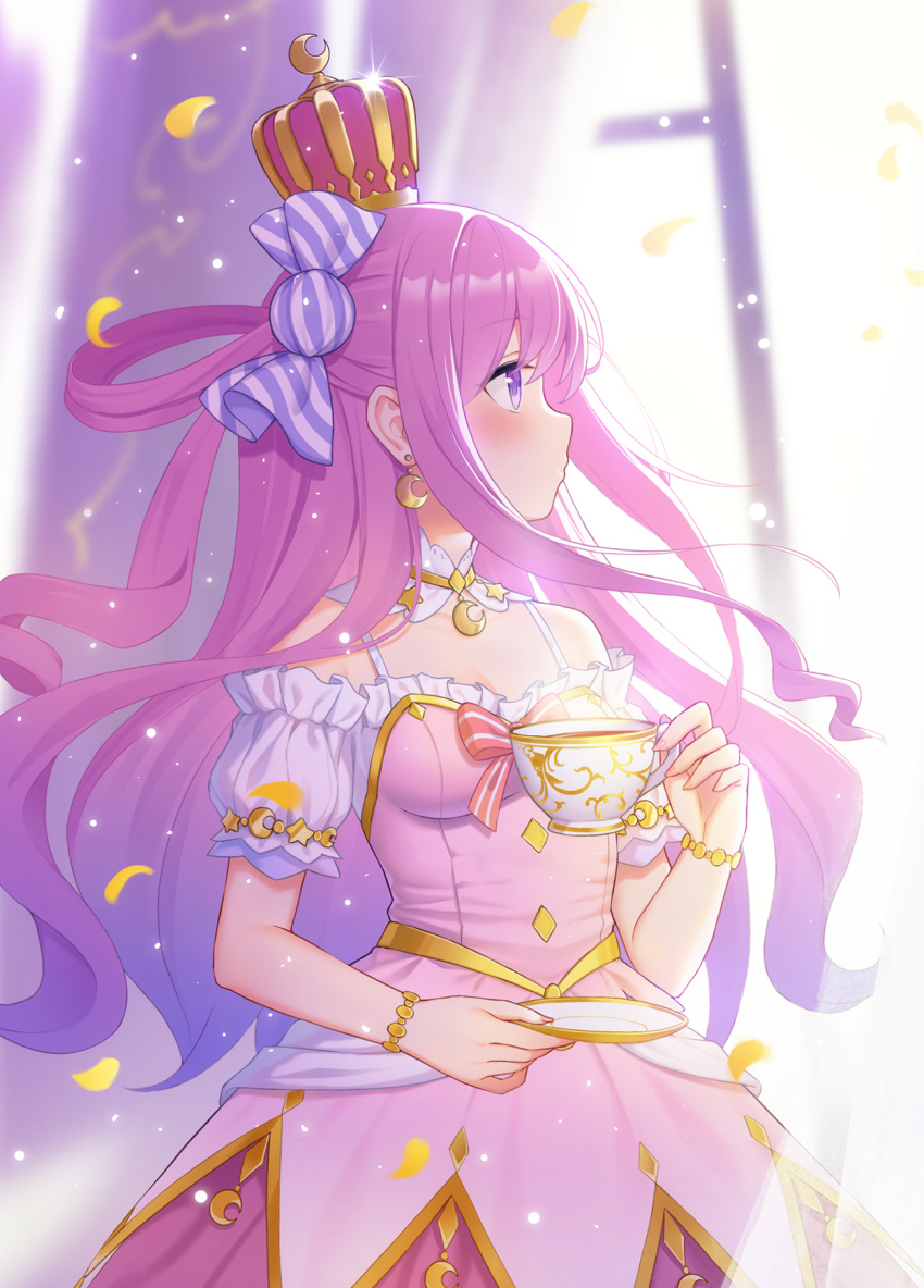 1girl bangs blush bracelet breasts candy_hair_ornament commentary_request crown cup dress eyebrows_visible_through_hair fingernails food_themed_hair_ornament fukuro_ko_(greentea) glint hair_ornament hair_rings highres himemori_luna holding holding_cup holding_saucer hololive jewelry long_hair looking_to_the_side multicolored_hair pink_hair saucer short_sleeves solo teacup violet_eyes virtual_youtuber