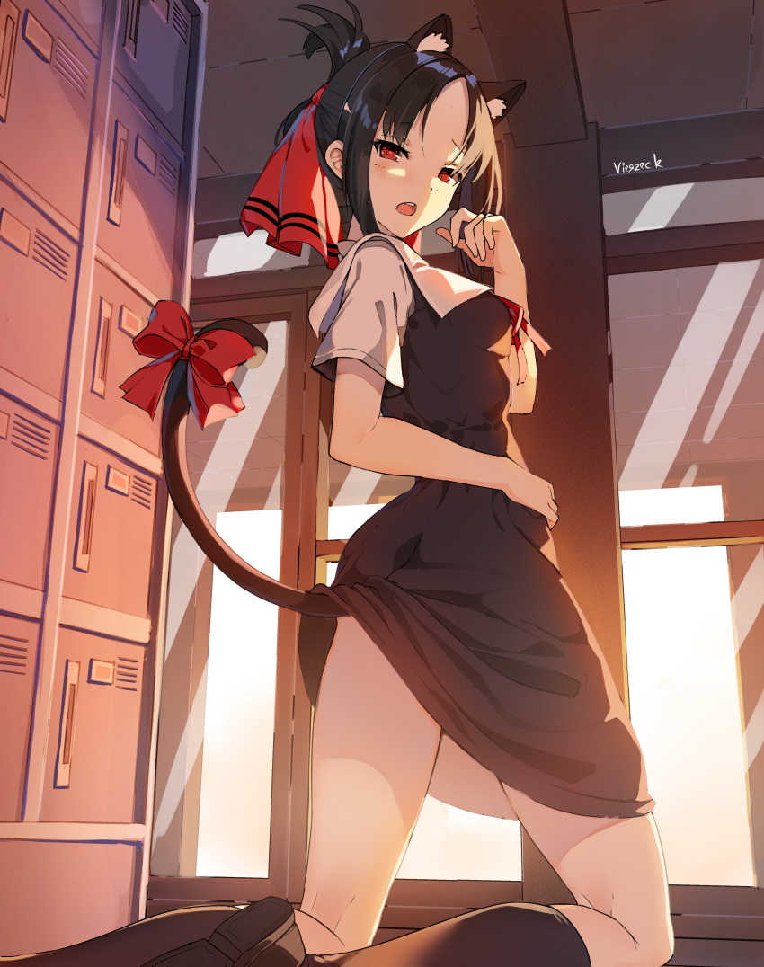 1girl :o absurdres animal_ears artist_name bangs black_dress black_hair black_hairband black_legwear bow cat_ears cat_tail commentary_request door dress fake_animal_ears feet_out_of_frame folded_ponytail from_behind hair_bow hair_ribbon hairband hand_on_hip hand_up highres huge_filesize indoors kaguya-sama_wa_kokurasetai_~tensai-tachi_no_renai_zunousen~ kneehighs kneeling kneepits looking_at_viewer looking_back open_mouth parted_bangs pinafore_dress red_bow red_eyes red_ribbon ribbon school_uniform shinomiya_kaguya shoe_locker shoe_soles short_hair short_sleeves solo summer_uniform tail tail_bow thighs vierzeck