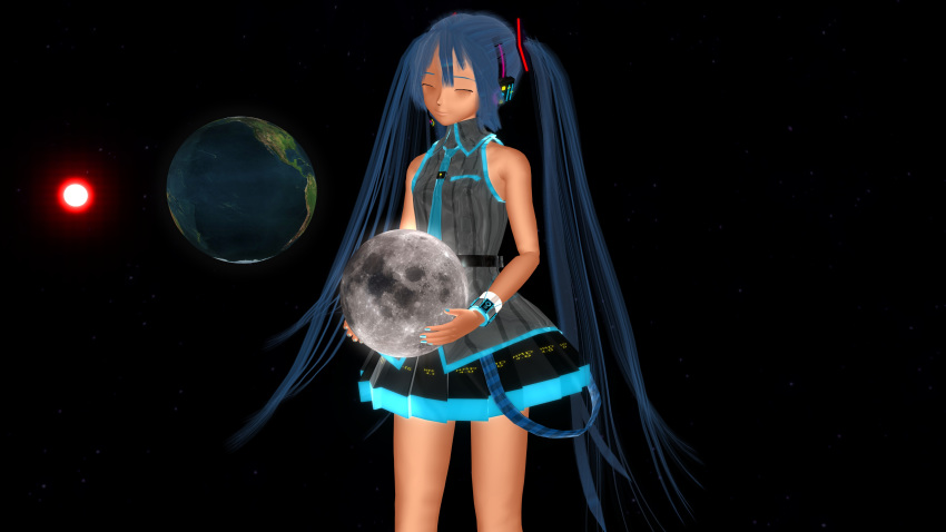 1girl absurdres bewithmiku blue_hair earth grey_shirt hagane_miku hatsune_miku headset highres long_hair miku_append mikumikudance moon moonlight self_upload shirt skirt smile solo sun very_long_hair vocaloid vocaloid_append