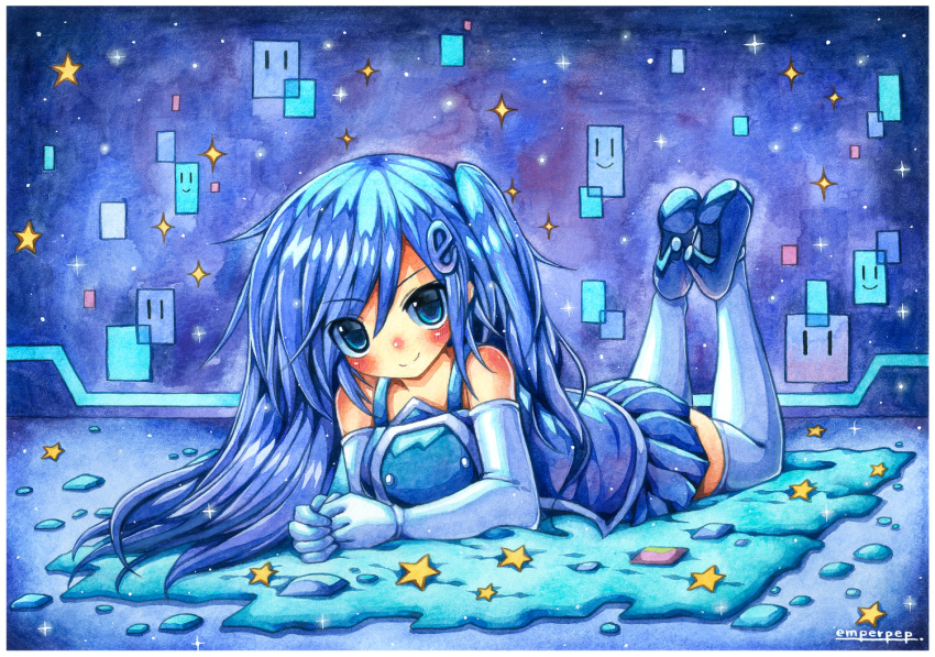 1girl bangs blue_eyes blue_footwear blue_hair blue_theme blush breasts closed_mouth commission elbow_gloves emperpep eyebrows_visible_through_hair gloves hair_between_eyes hair_ornament internet_explorer internet_explorer_(merryweather) internet_explorer_(webcomic) long_hair looking_at_viewer lying on_stomach one_side_up personification skirt sleeveless smile solo thigh-highs traditional_media watercolor_(medium) white_legwear