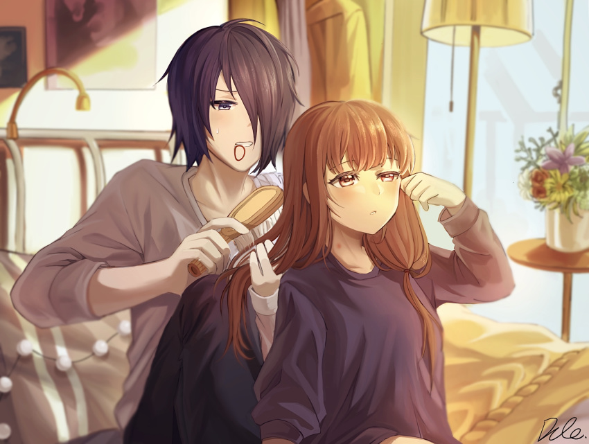 1boy 1girl alternate_hairstyle bangs black_eyes black_hair black_pants black_sweater blush breasts brown_eyes brown_hair clenched_teeth collarbone commentary couple dule_(anhaidule) flower grey_shirt hair_brushing hair_over_one_eye half-closed_eye hand_up highres holding_brush iino_miko indoors ishigami_yuu kaguya-sama_wa_kokurasetai_~tensai-tachi_no_renai_zunousen~ knee_up lamp long_hair long_sleeves mouth_hold on_bed pants parted_lips pink_flower plant red_flower shirt short_hair signature sitting sleepy small_breasts sweater table teeth upper_body