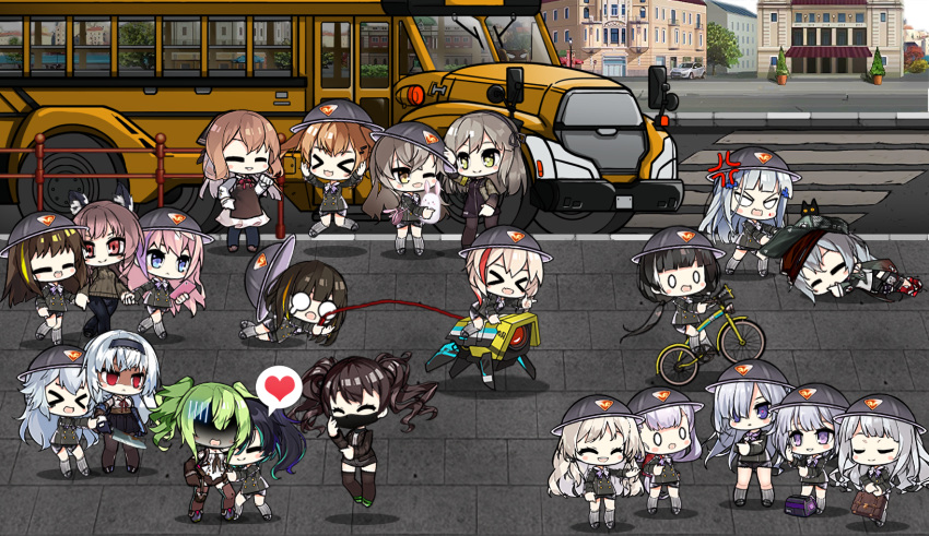 &gt;_&lt; 404_(girls_frontline) 6+girls ak-12_(girls_frontline) ak-15_(girls_frontline) an-94_(girls_frontline) angry anti-rain_(girls_frontline) apron bicycle cellphone character_request chibi closed_eyes crosswalk defy_(girls_frontline) denim dragging floating g11_(girls_frontline) girls_frontline gloves ground_vehicle hat highres hk416_(girls_frontline) holding_hands jeans kindergarten_uniform knife m16a1_(girls_frontline) m1903_springfield_(girls_frontline) m4_sopmod_ii_(girls_frontline) m4a1_(girls_frontline) m950a_(girls_frontline) multiple_girls pa-15_(girls_frontline) pants persica_(girls_frontline) phone riding_bicycle ro635_(dinergate) ro635_(girls_frontline) road rpk-16_(girls_frontline) saf_(girls_frontline) scarecrow_(girls_frontline) school_bus school_hat shaded_face smartphone st_ar-15_(girls_frontline) street sweatdrop the_mad_mimic thunder_(girls_frontline) ump40_(girls_frontline) ump45_(girls_frontline) ump9_(girls_frontline) younger