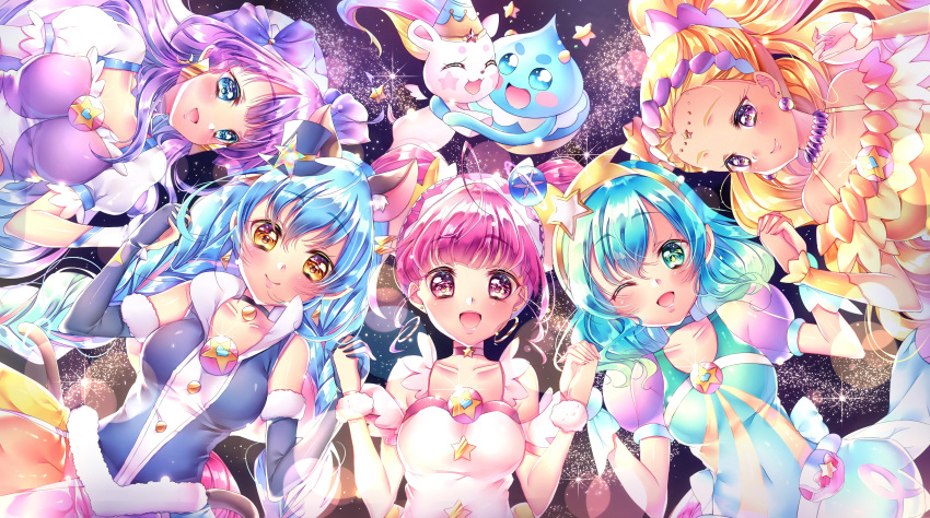 5girls :d ;) ;d absurdres aqua_eyes bangs black_choker blonde_hair blue_choker blue_hair blush breasts choker circlet closed_mouth collarbone cure_cosmo cure_milky cure_selene cure_soleil cure_star elbow_gloves eyebrows_visible_through_hair fur-trimmed_gloves fur_trim fuwa_(precure) gloves grey_gloves highres holding_hands huge_filesize long_hair medium_breasts medium_hair multiple_girls one_eye_closed open_mouth pink_choker pink_eyes pink_hair precure prunce_(precure) purple_hair shiny shiny_hair short_sleeves sleeveless smile star_twinkle_precure touki_matsuri upper_body very_long_hair violet_eyes wrist_cuffs yellow_eyes