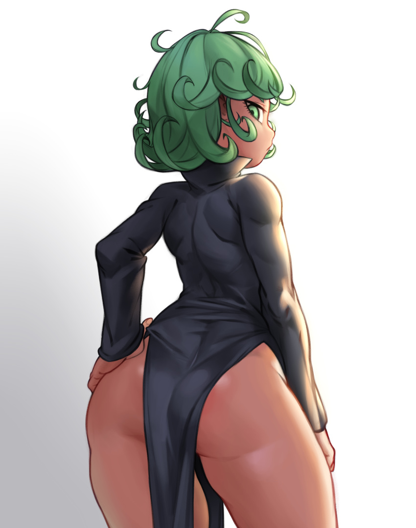 1girl absurdres arm_at_side ass black_dress contrapposto curly_hair dress flipped_hair from_behind green_eyes green_hair hand_on_hip highleg highleg_dress highres kelvin_hiu looking_back no_panties one-punch_man pelvic_curtain short_hair side_slit solo tatsumaki thick_thighs thighs toned white_background wide_hips