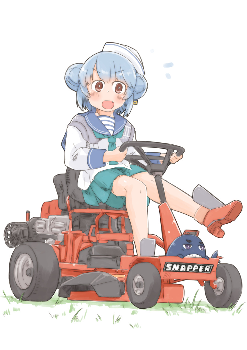 1girl blue_hair blush double_bun driving enjaku_izuku fang grass high_heels highres kantai_collection lawnmower little_blue_whale_(kantai_collection) looking_at_viewer open_mouth samuel_b._roberts_(kantai_collection) school_uniform serafuku sitting