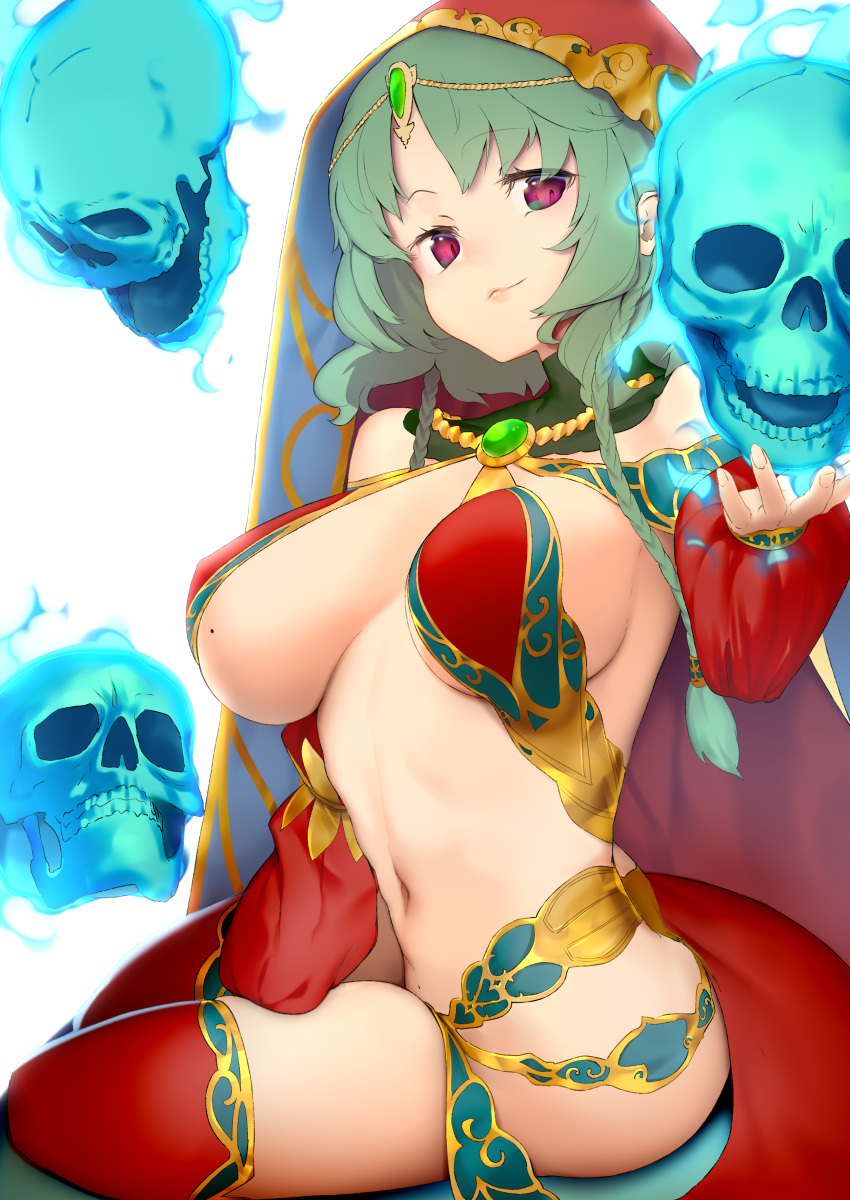1girl absurdres arabian_clothes bare_shoulders blue_fire breasts closed_mouth covered_nipples detached_sleeves fate/grand_order fate_(series) fire flaming_skull floating_skull forehead_jewel gem green_hair harem_outfit head_chain highres jewelry large_breasts legs legs_together looking_at_viewer medium_breasts mole mole_on_breast nanao_(aoyamahikari) navel open_eyes puffy_sleeves red_eyes red_legwear revealing_clothes salome_(fate/grand_order) sideboob simple_background sitting skull smirk solo stomach thigh-highs underboob veil yokozuwari