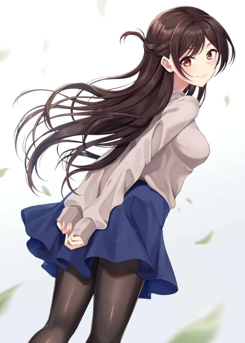 1girl absurdres arms_behind_back bangs black_legwear black_rabbit blue_skirt blush braid breasts brown_eyes brown_hair closed_mouth commentary_request dutch_angle feet_out_of_frame from_behind gradient gradient_background grey_background grey_sweater highres kanojo_okarishimasu long_hair long_sleeves looking_at_viewer looking_back medium_breasts miniskirt mizuhara_chizuru own_hands_together pantyhose skirt sleeves_past_wrists smile solo standing sweater swept_bangs very_long_hair