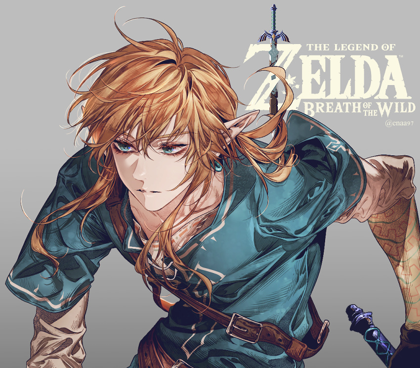 1boy artist_name bangs belt belt_buckle blonde_hair blue_eyes blue_shirt brown_belt buckle closed_mouth copyright_name enaa grey_background link long_hair long_sleeves looking_away male_focus messy_hair pointy_ears shirt short_over_long_sleeves short_sleeves simple_background solo sword the_legend_of_zelda the_legend_of_zelda:_breath_of_the_wild upper_body weapon