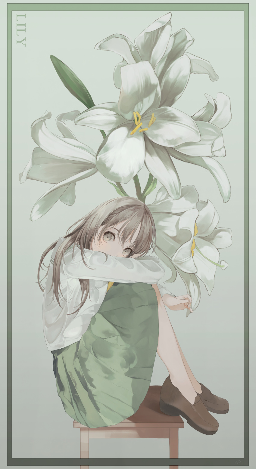 1girl absurdres bangs commentary english_text fetal_position flower green_skirt grey_eyes highres huge_filesize korean_commentary lily_(flower) looking_to_the_side mile_(mil2) original school_uniform skirt uniform white_hair