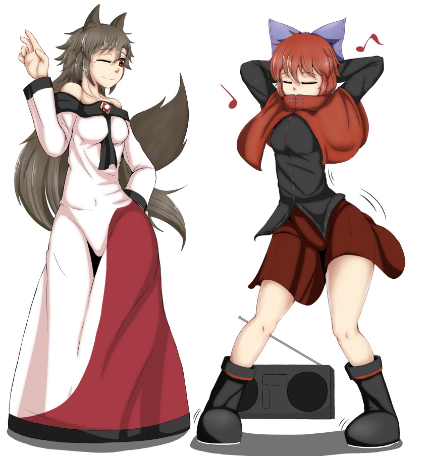 2girls animal_ears arms_behind_head bare_shoulders between_breasts black_shirt blue_bow boombox bow breasts brooch brown_hair capelet closed_eyes closed_mouth clothes_between_breasts dancing dress eighth_note epic_armageddon hair_bow hidden_mouth highres imaizumi_kagerou jewelry long_hair long_skirt long_sleeves motion_lines multiple_girls musical_note off-shoulder_dress off_shoulder one_eye_closed quarter_note red_eyes redhead sekibanki shirt short_hair simple_background skirt smile tail touhou werewolf white_background white_dress wolf_ears wolf_tail