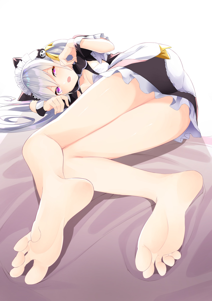 1girl absurdres animal_ears ass bangs bare_legs barefoot black_dress blush breasts cat_ears cat_hair_ornament commentary_request dress eyebrows_visible_through_hair feet frilled_dress frills from_behind hair_between_eyes hair_ornament highres hourei_tenten ju_yorimoto_(ranten_yume) large_breasts legs long_hair looking_at_viewer looking_back lying maid maid_headdress melty+ no_panties no_shoes on_stomach open_mouth short_sleeves sidelocks silver_hair simple_background smile soles solo swept_bangs toes very_long_hair violet_eyes virtual_youtuber