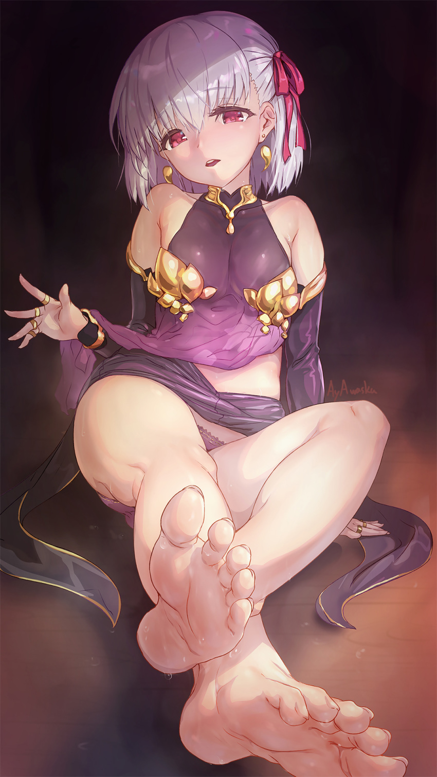 1girl arm_at_side aya_shobon bare_shoulders barefoot breasts covered_collarbone crossed_ankles detached_sleeves earrings eyebrows_visible_through_hair fate/grand_order fate_(series) feet foreshortening hair_ribbon halter_top halterneck head_tilt highres jewelry kama_(fate/grand_order) looking_at_viewer midriff miniskirt multiple_rings panties parted_lips pink_eyes purple_panties ribbon ring short_hair silver_hair sitting skirt skirt_lift small_breasts soles solo sweat toes underwear