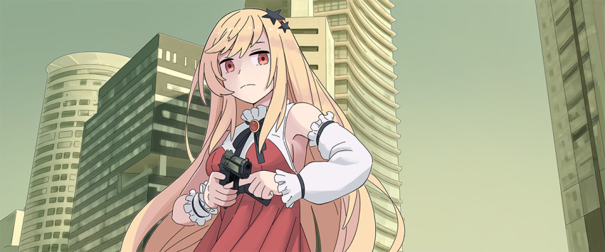 1girl blonde_hair cityscape day detached_sleeves finger_on_trigger firing girls_frontline gun handgun long_hair m9_(girls_frontline) parody red_eyes sicario solo tab_(tabkun) weapon