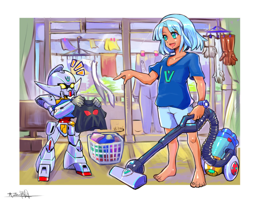 1boy aqua_eyes bangs barefoot bob_cut crossover dark_skin drying drying_clothes gundam harry_ord highres holding_shirt loran_cehack mecha medarot oomasa_teikoku pointing robot turn_a_gundam turn_a_gundam_(mobile_suit) vacuum_cleaner white_hair