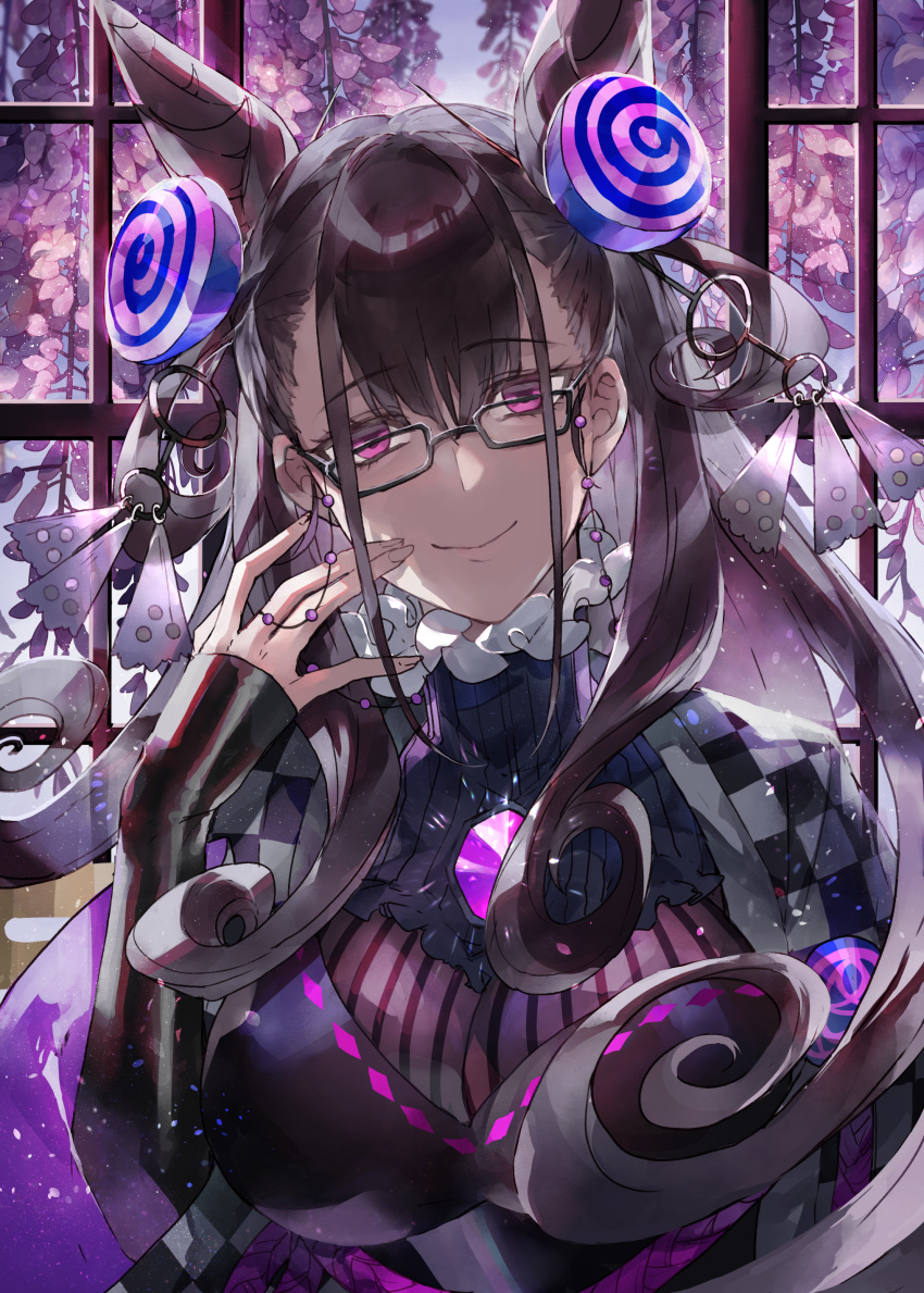 1girl absurdres black-framed_eyewear breasts brooch brown_hair closed_mouth double_bun eyebrows_visible_through_hair fate/grand_order fate_(series) fingernails glasses hair_ornament hand_up head_tilt highres jewelry large_breasts long_hair looking_at_viewer murasaki_shikibu_(fate) sleeves_past_wrists smile solo upper_body waltz_(tram) window