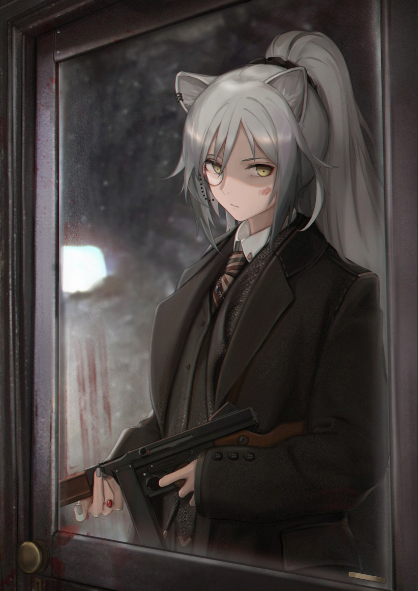 1girl absurdres alternate_costume animal_ears arknights bangs black_jacket black_vest blood blood_on_face blood_splatter cat_ears cjmy closed_mouth collared_shirt commentary_request finger_on_trigger grey_hair grey_nails gun highres holding holding_gun holding_weapon jacket jewelry long_hair looking_at_viewer monocle nail_polish necktie ponytail ring schwarz_(arknights) shirt solo standing striped striped_neckwear submachine_gun thompson_submachine_gun vest weapon window yellow_eyes